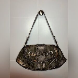 Y2K Monogram Shoulder Bag Brown Snakeskin Trim Fiorelli Vintage 2000s